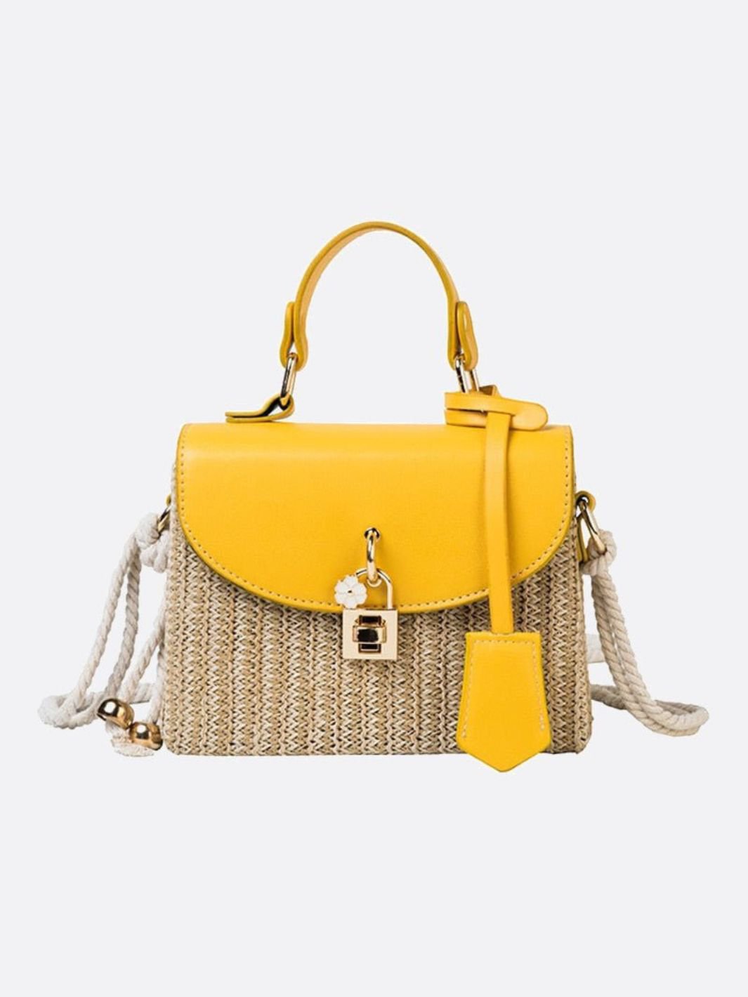 Structured Straw Handbag with Vegan Leather Flap and Rope Strap