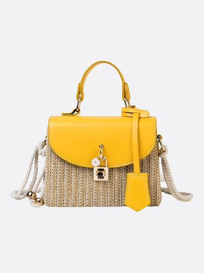 Structured Straw Handbag with Vegan Leather Flap and Rope Strap