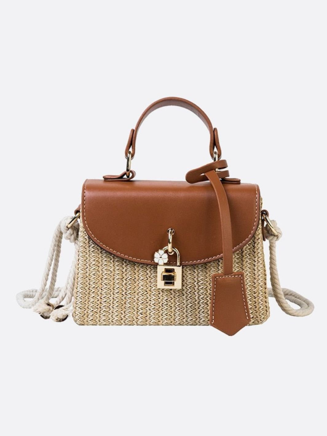 Structured Straw Handbag with Vegan Leather Flap and Rope Strap