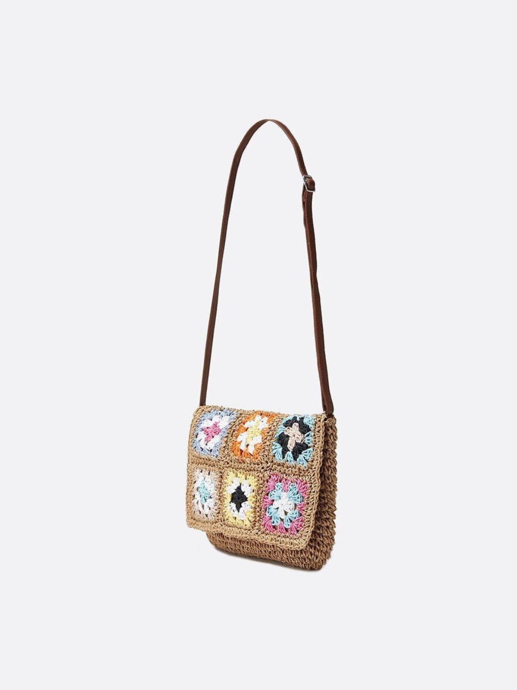 Straw and Crochet Crossbody Bag with Colorful Squares