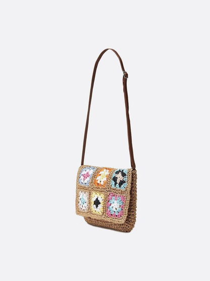 Straw and Crochet Crossbody Bag with Colorful Squares