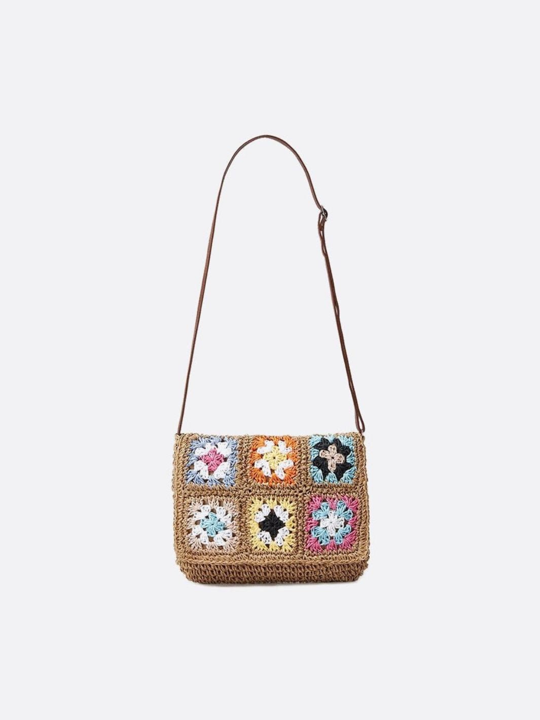 Straw and Crochet Crossbody Bag with Colorful Squares