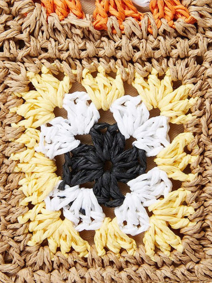 Straw and Crochet Crossbody Bag with Colorful Squares
