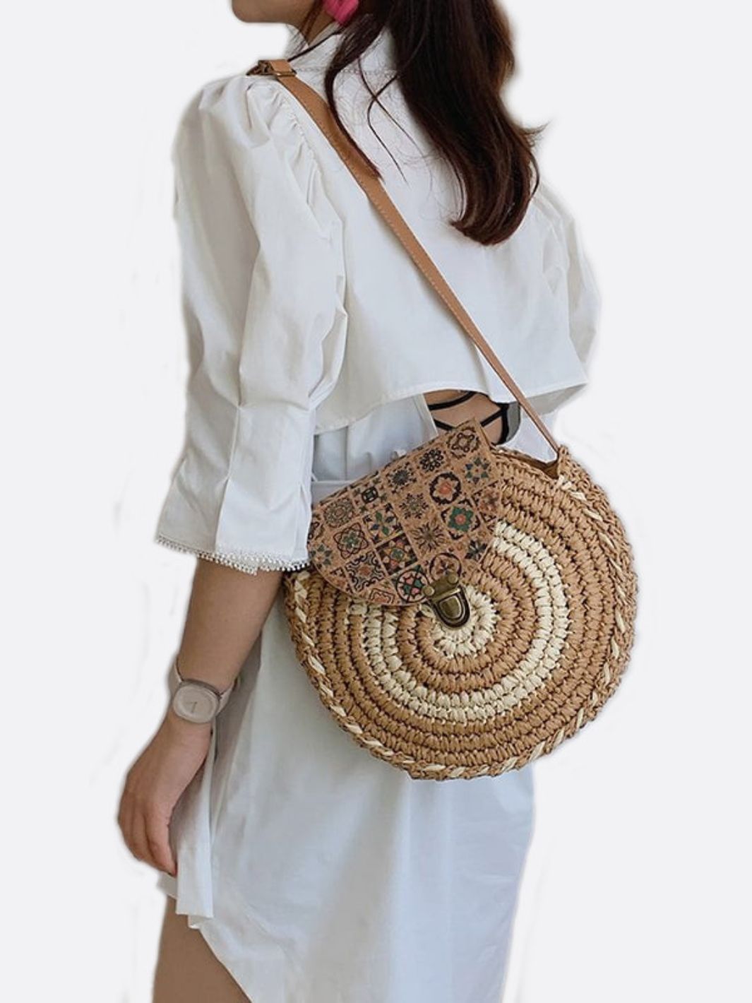 Round Straw Bag with Ethnic Flap