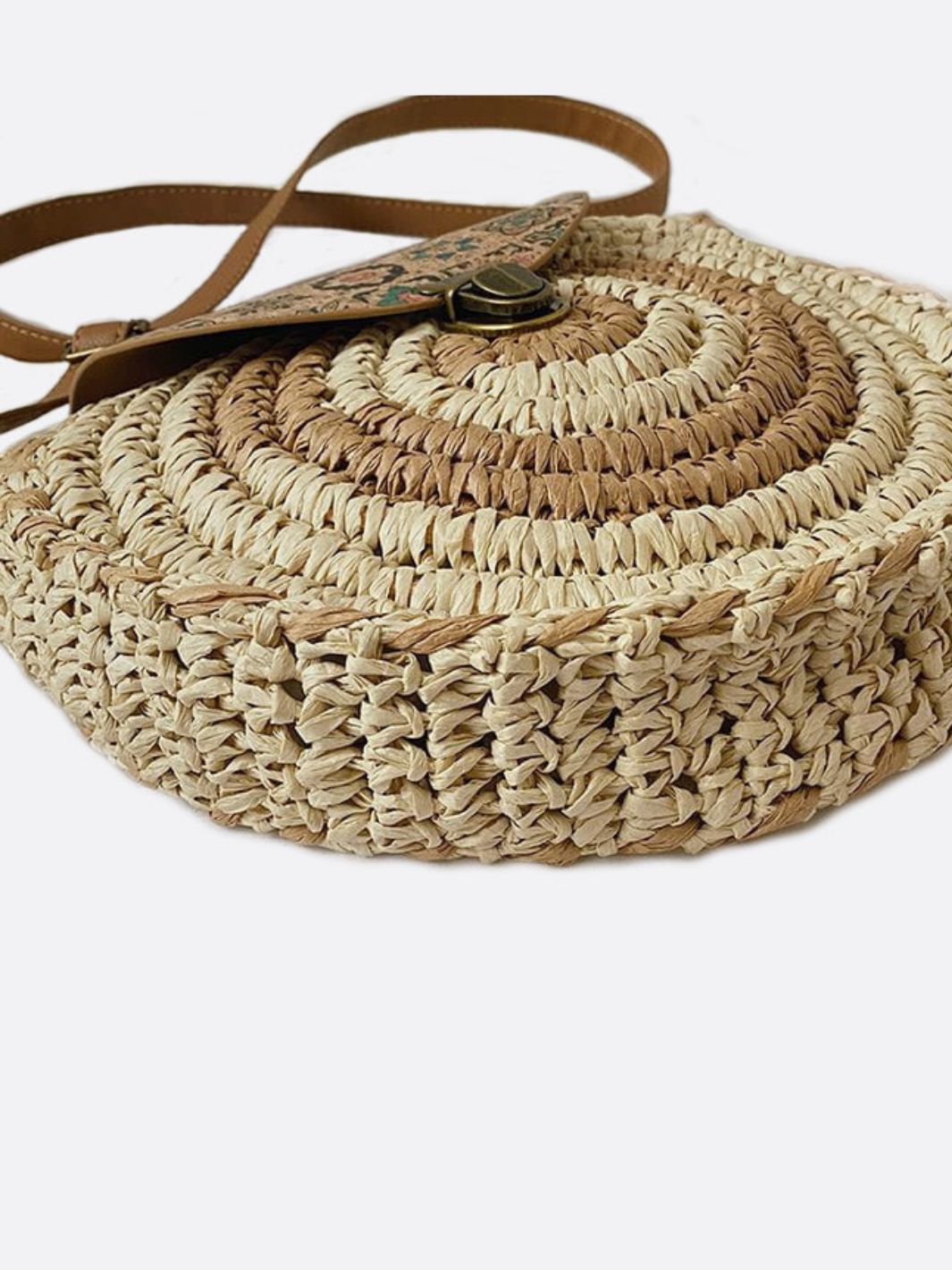 Round Straw Bag with Ethnic Flap