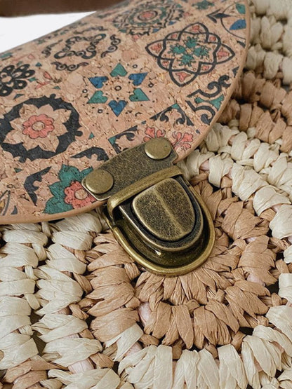 Round Straw Bag with Ethnic Flap