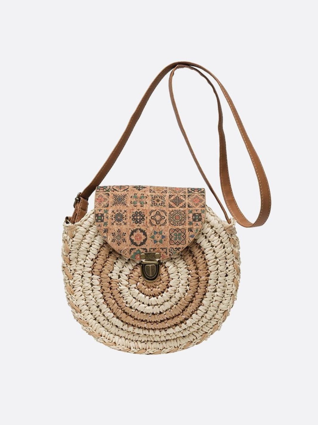 Round Straw Bag with Ethnic Flap