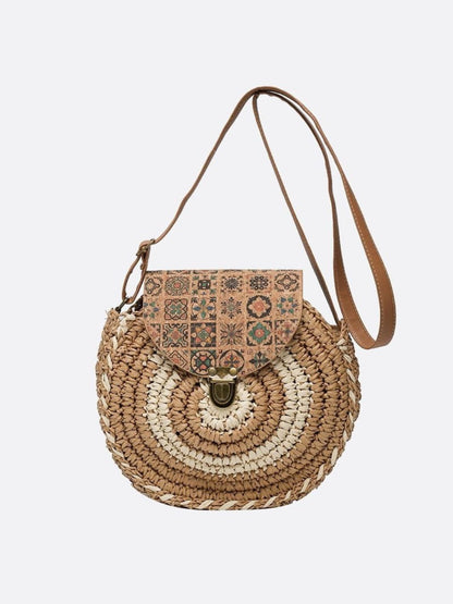 Round Straw Bag with Ethnic Flap
