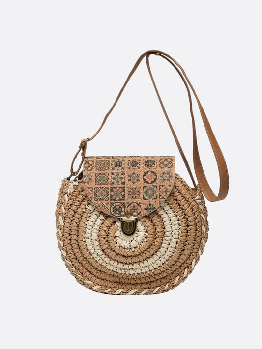 Round Straw Bag with Ethnic Flap