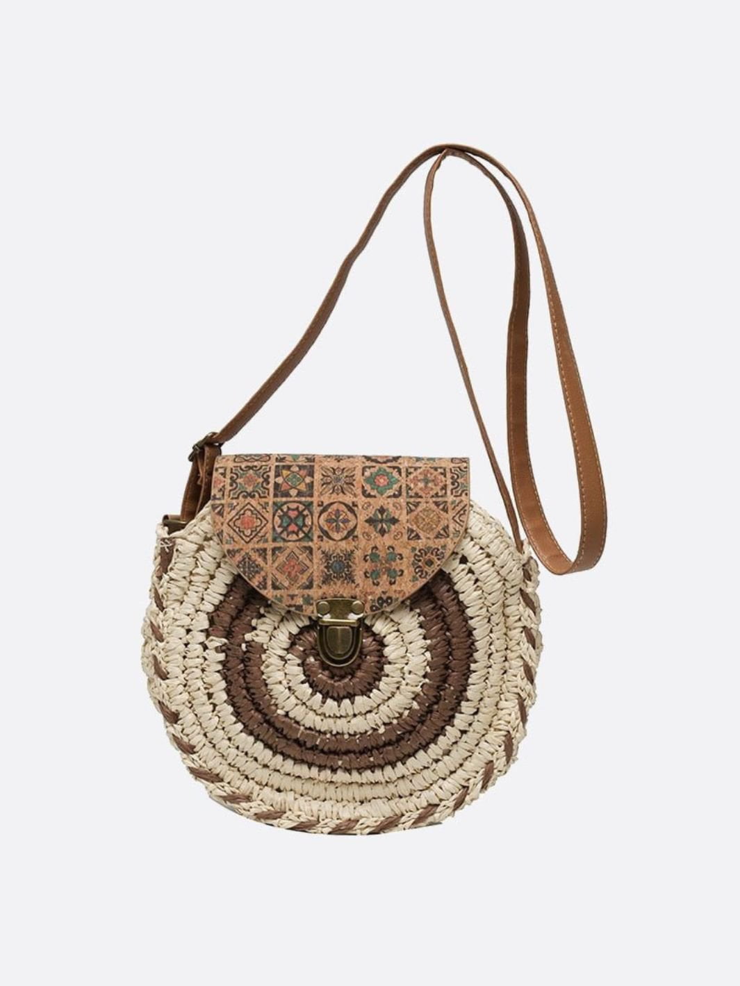 Round Straw Bag with Ethnic Flap