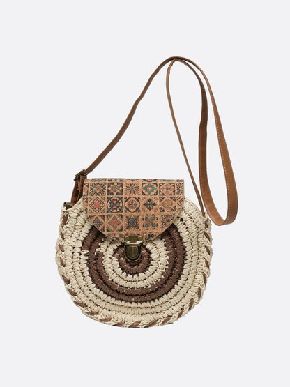 Round Straw Bag with Ethnic Flap