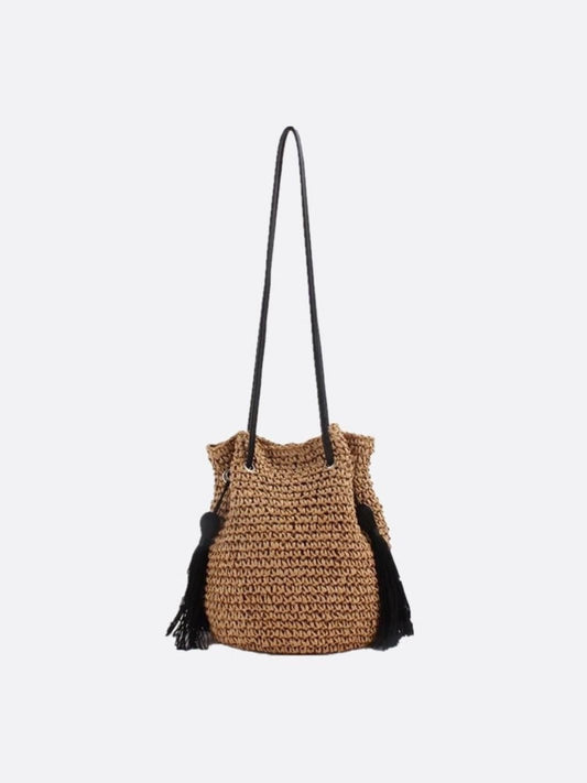 Straw Bucket Bag with Drawstring and Tassels