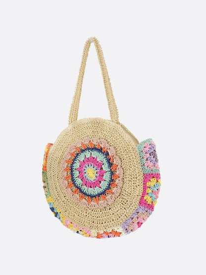 Round Straw Bag with Multicolor Crochet Detail – Boho Festival Style