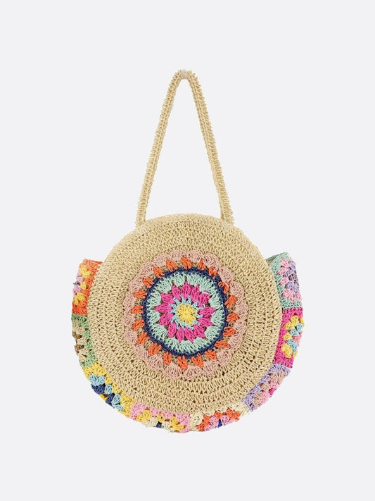 Round Straw Bag with Multicolor Crochet Detail – Boho Festival Style
